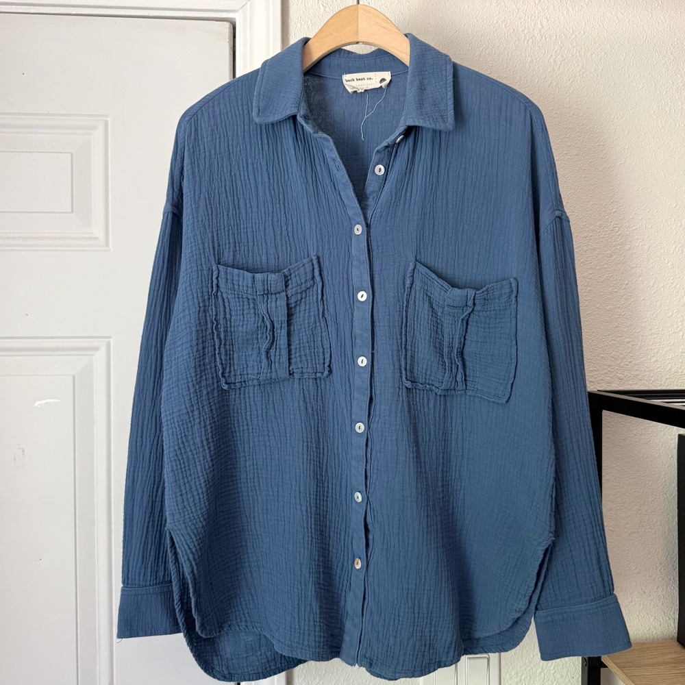 BACK BEAT CO. denim blue organic cotton gauze long sleeve button up shirt